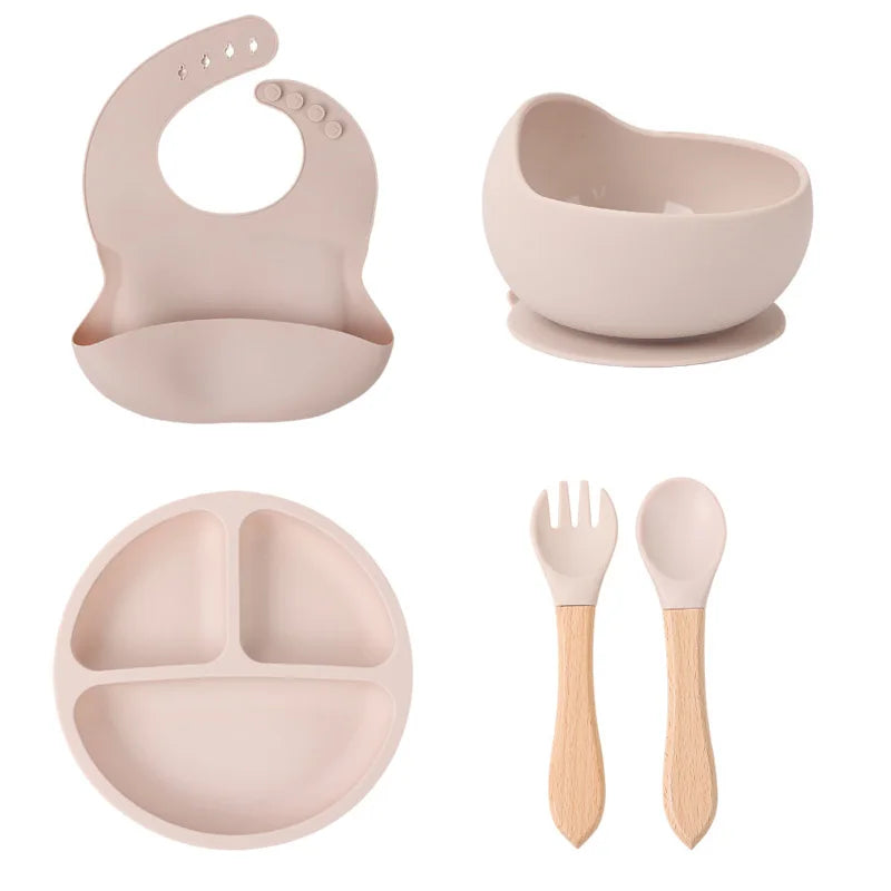 Children's silicone tableware set Baby Complementary Food Training 1/2/3/5PCS Set Sucker Bowl Bib Cup Fork Spoon Set Maternal