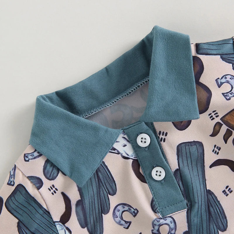 Baby Boys Bull Head Print Romper | Short Sleeve Summer Jumpsuit | 3–18M