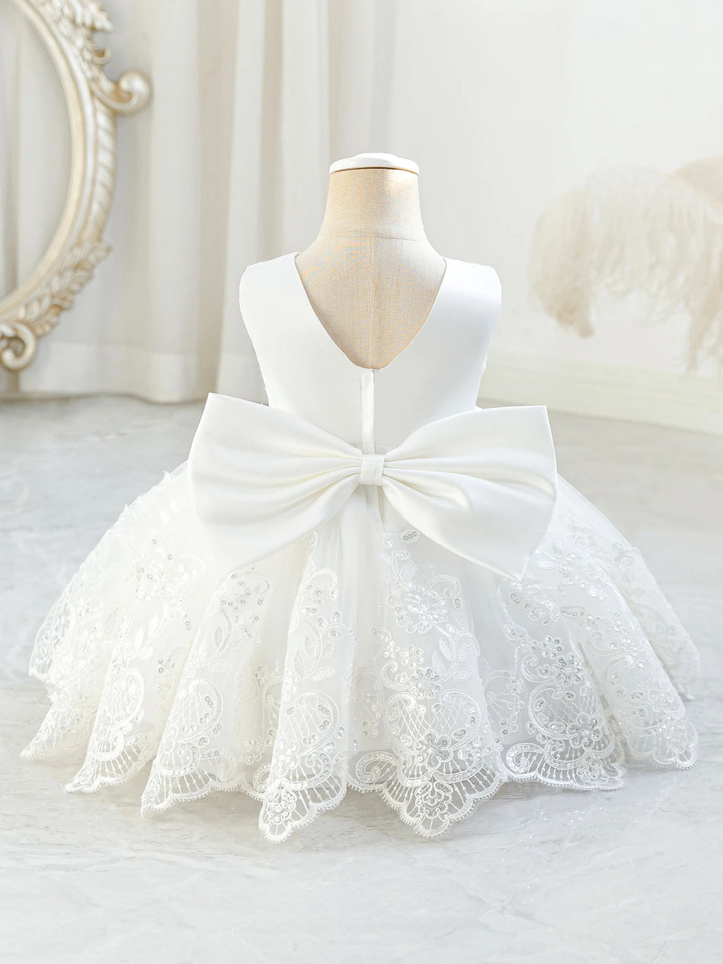Baby Girls Lace & Mesh Party Dress | Bow A-Line Princess Dress 6M–3Y