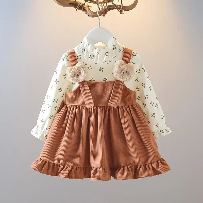 Girls Corduroy Bear & Cherry Print Dress