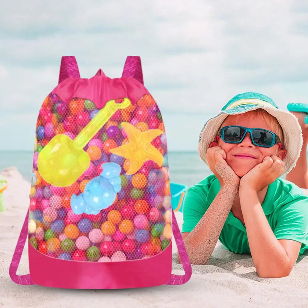 Kids Large Mesh Beach Bag – Foldable Drawstring Backpack for Sand Toys