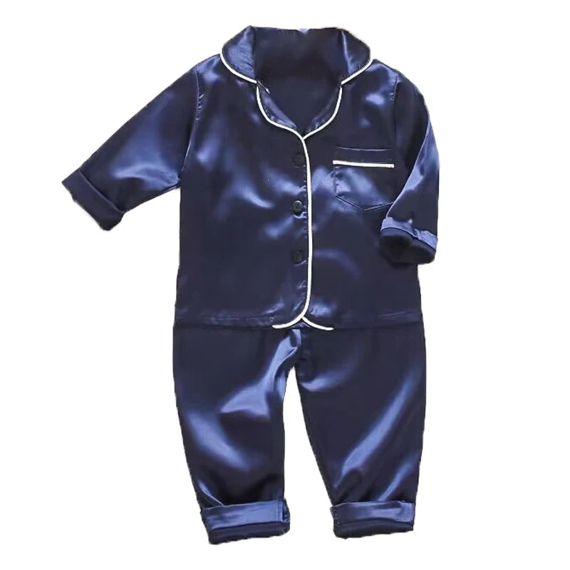 Children’s pajamas set silk satin long sleeve top+trousers two -piece male baby girl cartoon solid color set