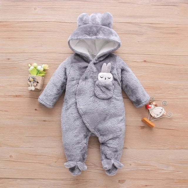 Baby Plush Hooded Romper | Cartoon Animal Ear Jumpsuit Newborn–1.5Y