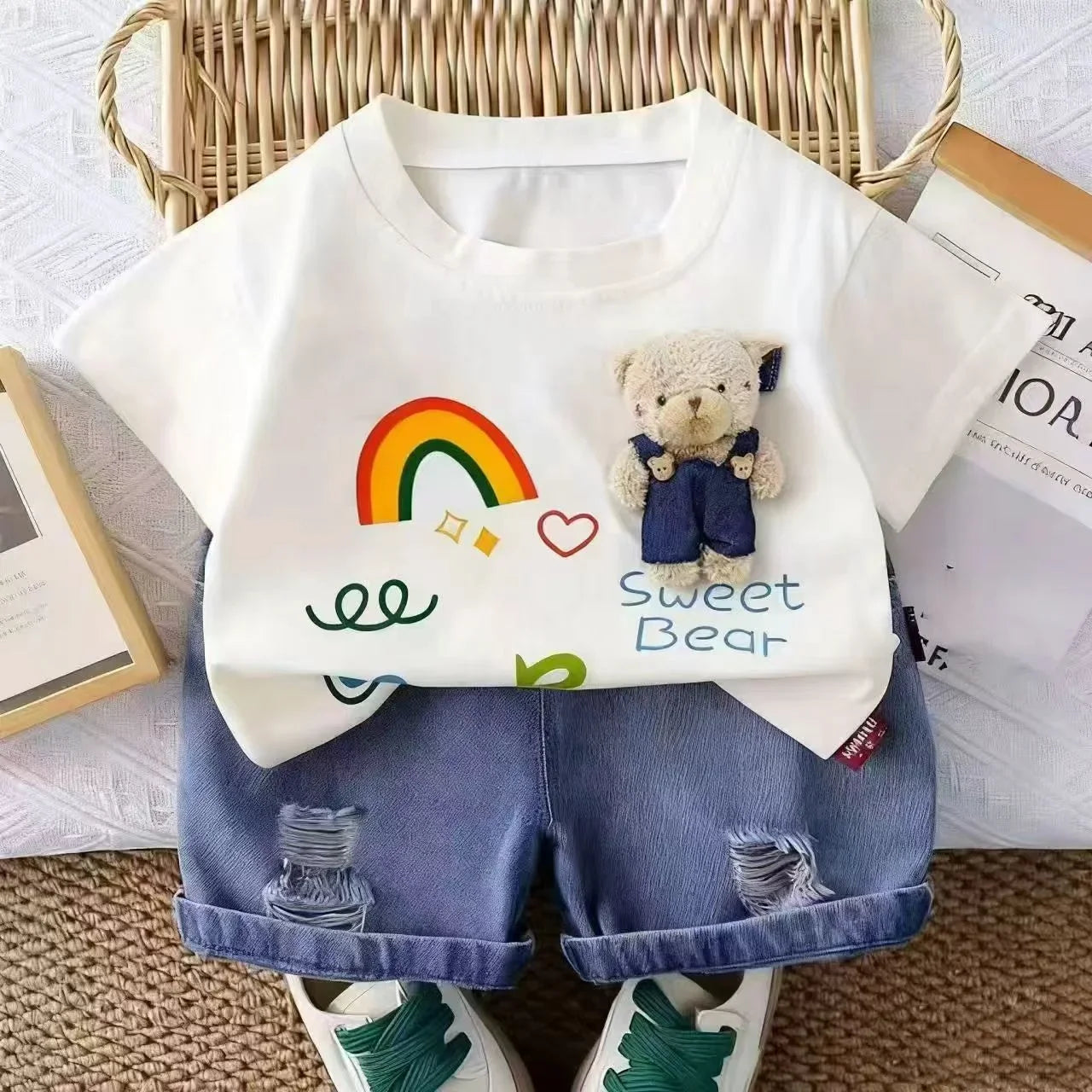 Boys' 3D Bear Print Two-Piece Summer Outfit