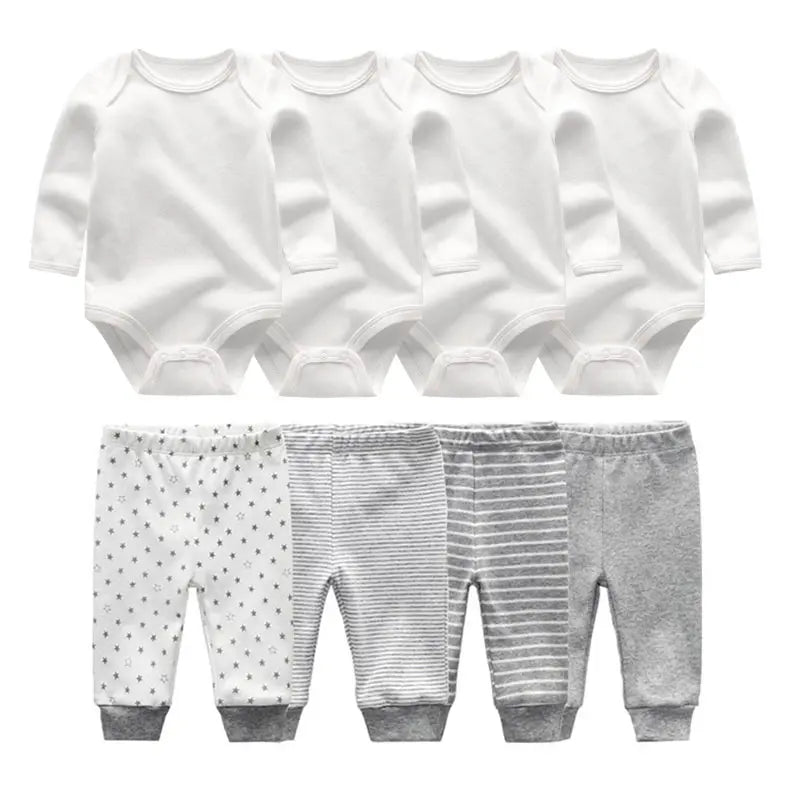 8-Piece Baby Bodysuit & Pants Set – Long Sleeve Cotton Unisex