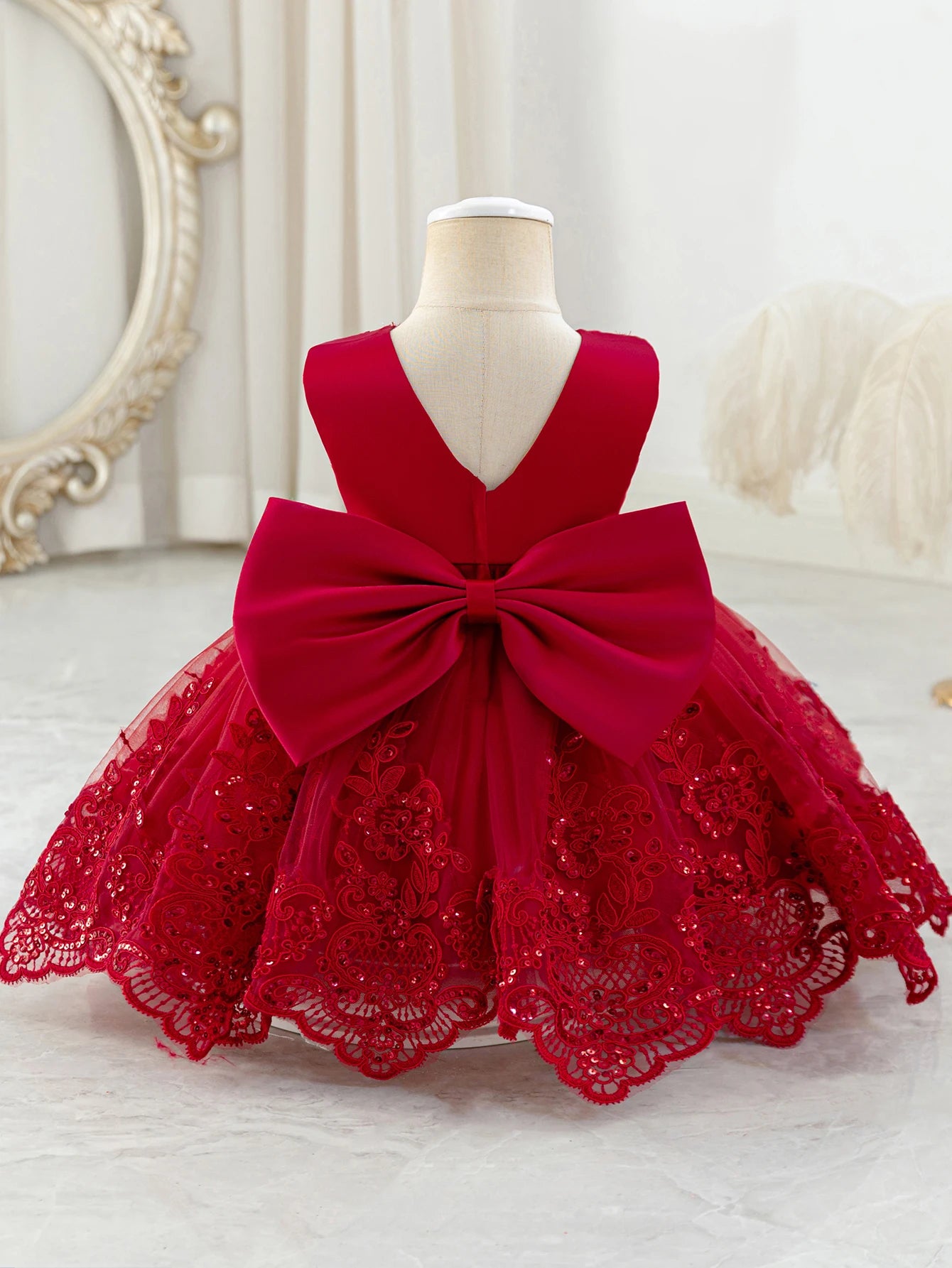 Baby Girls Lace & Mesh Party Dress | Bow A-Line Princess Dress 6M–3Y