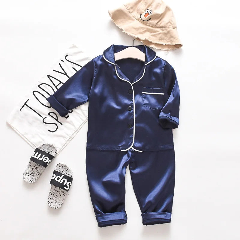 Children’s pajamas set silk satin long sleeve top+trousers two -piece male baby girl cartoon solid color set