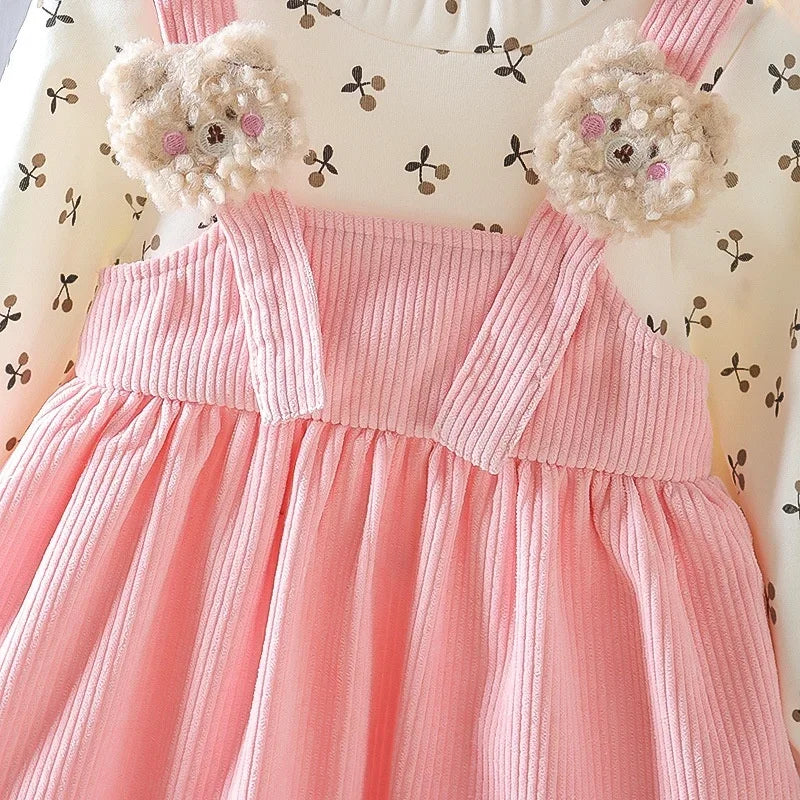Girls Corduroy Bear & Cherry Print Dress