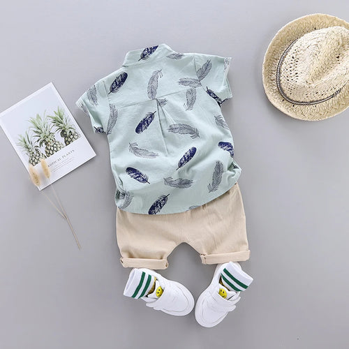 0-3 Year Old Baby Summer Feather Print Shirt Short Sleeve Suit