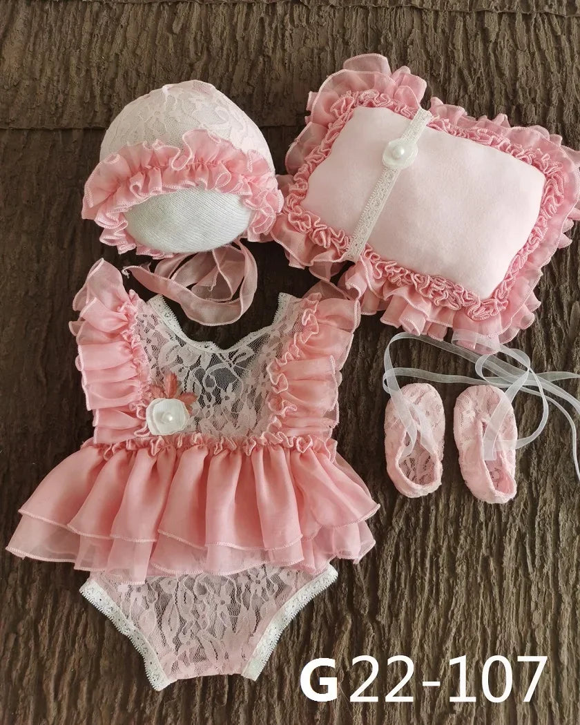 Newborn Baby Girl Photography Props Set | Lace Dress Romper, Hat & Headband 0–3M