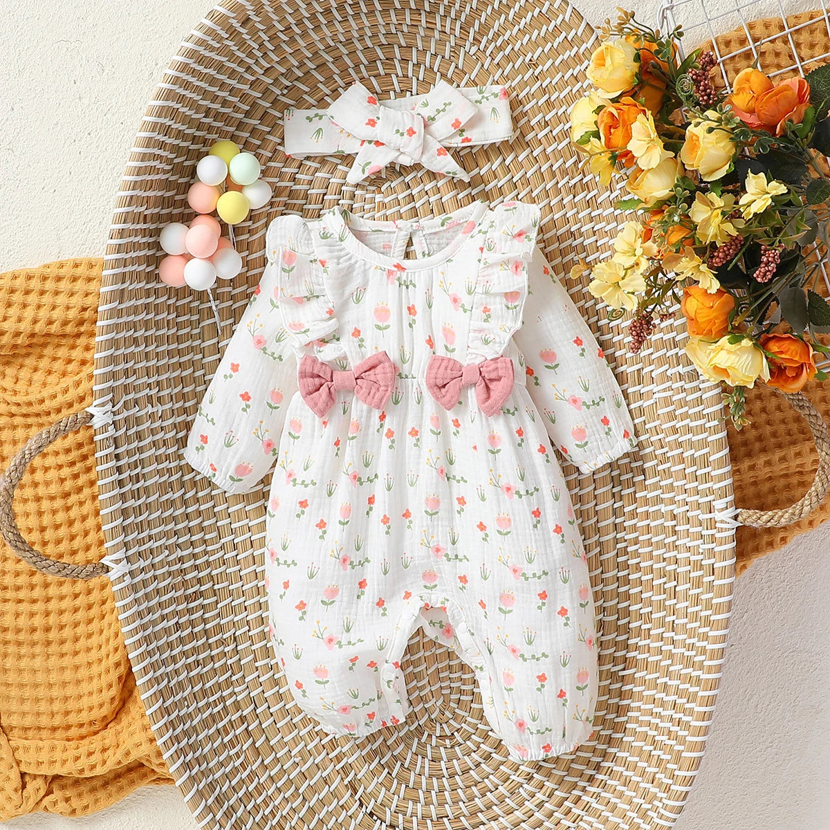 Baby Girl's Floral Jumpsuit with Headband (0–6M)