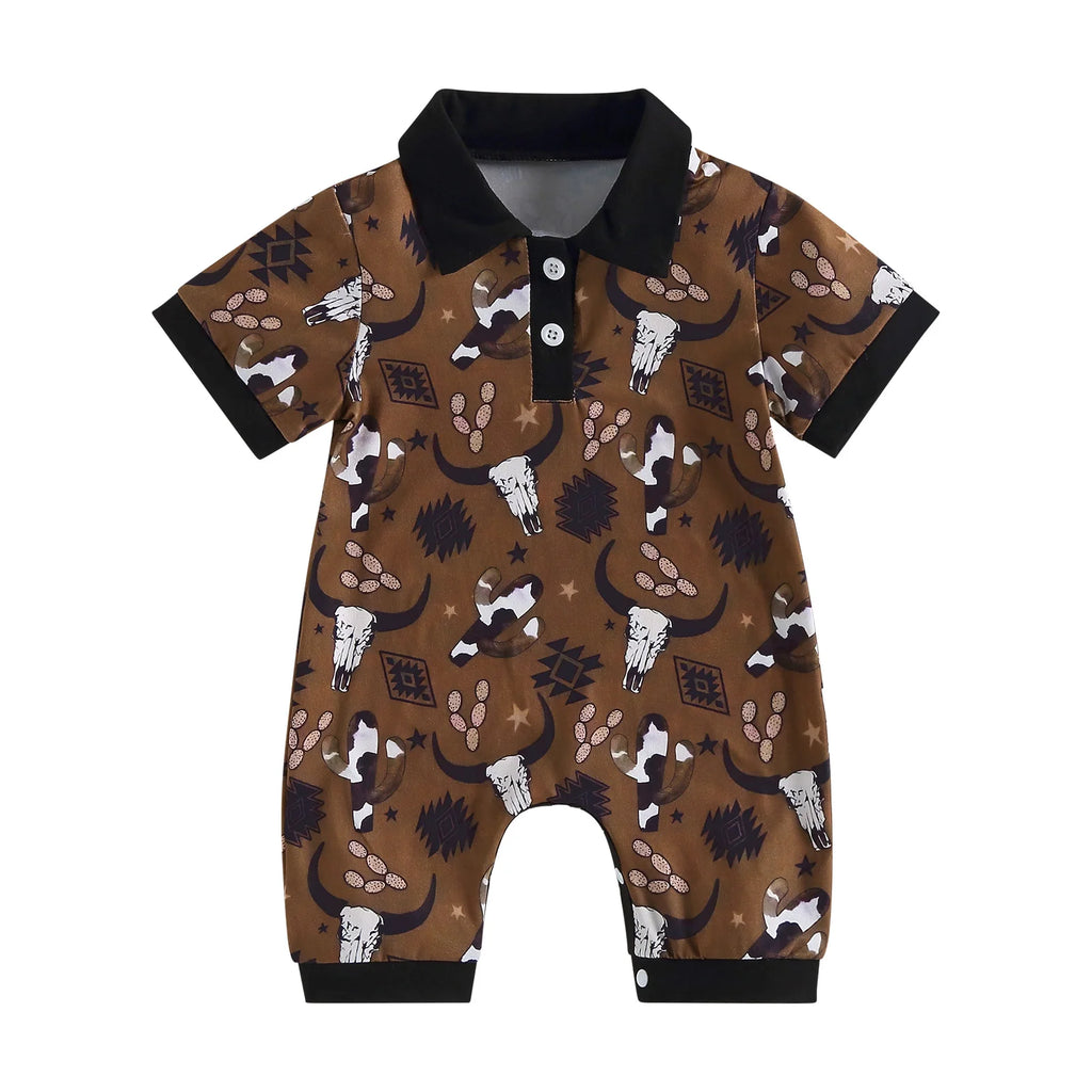 Baby Boys Bull Head Print Romper | Short Sleeve Summer Jumpsuit | 3–18M