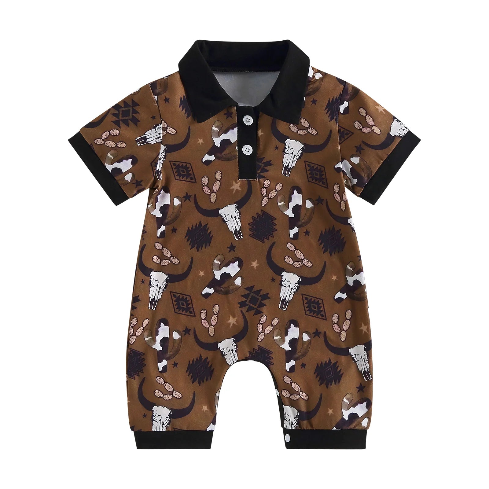 Baby Boys Bull Head Print Romper | Short Sleeve Summer Jumpsuit | 3–18M