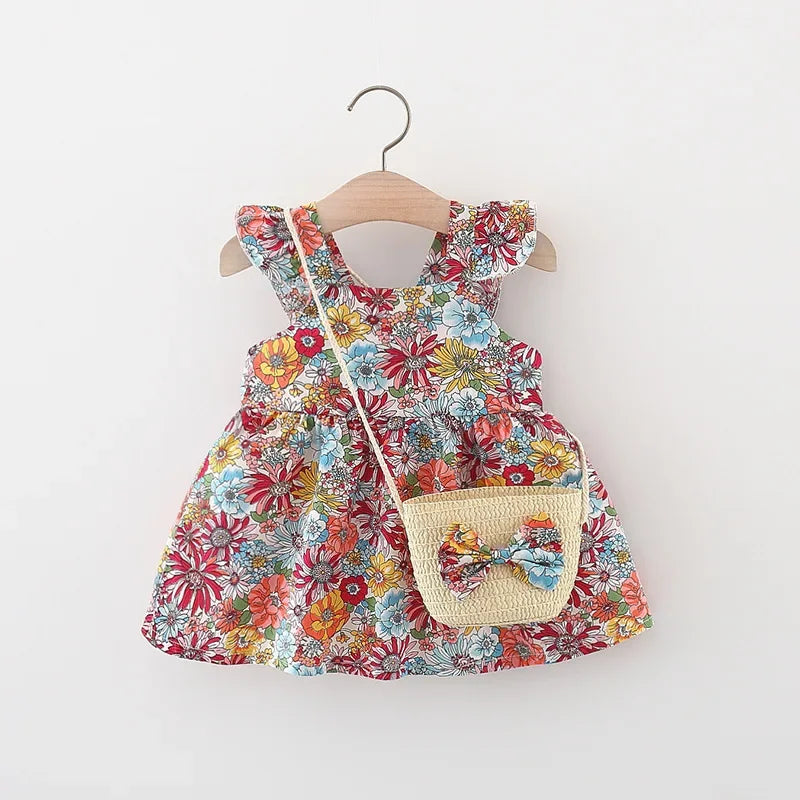 Baby Girls Floral Halter Dress with Bow Bag