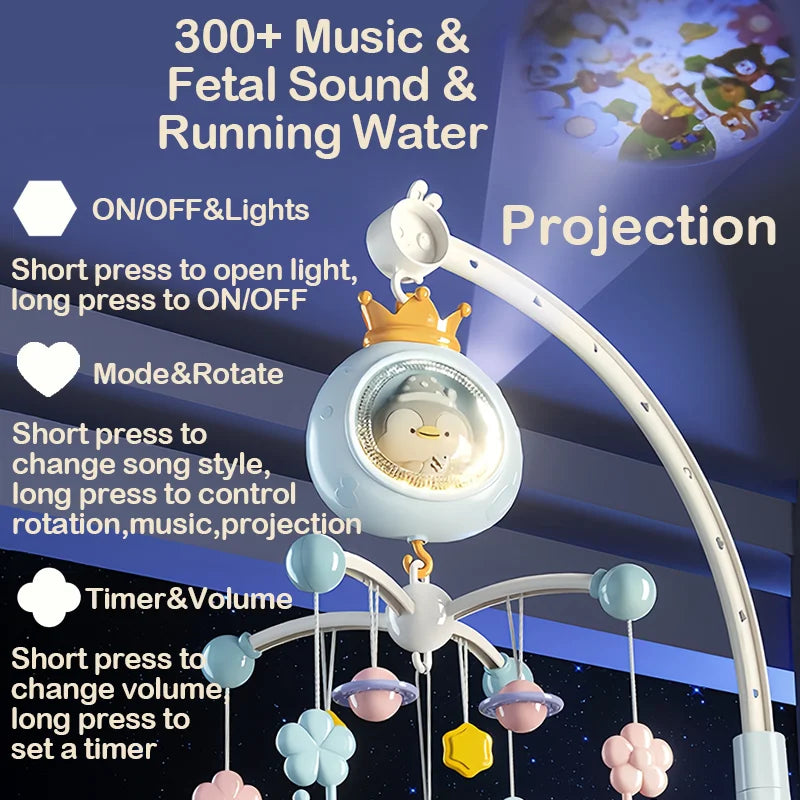 360° Musical Baby Crib Mobile Rotating Night Light Bed Bell Toy Four Speed Timming Hanging Infant Newborn Rattle Bedside Gift