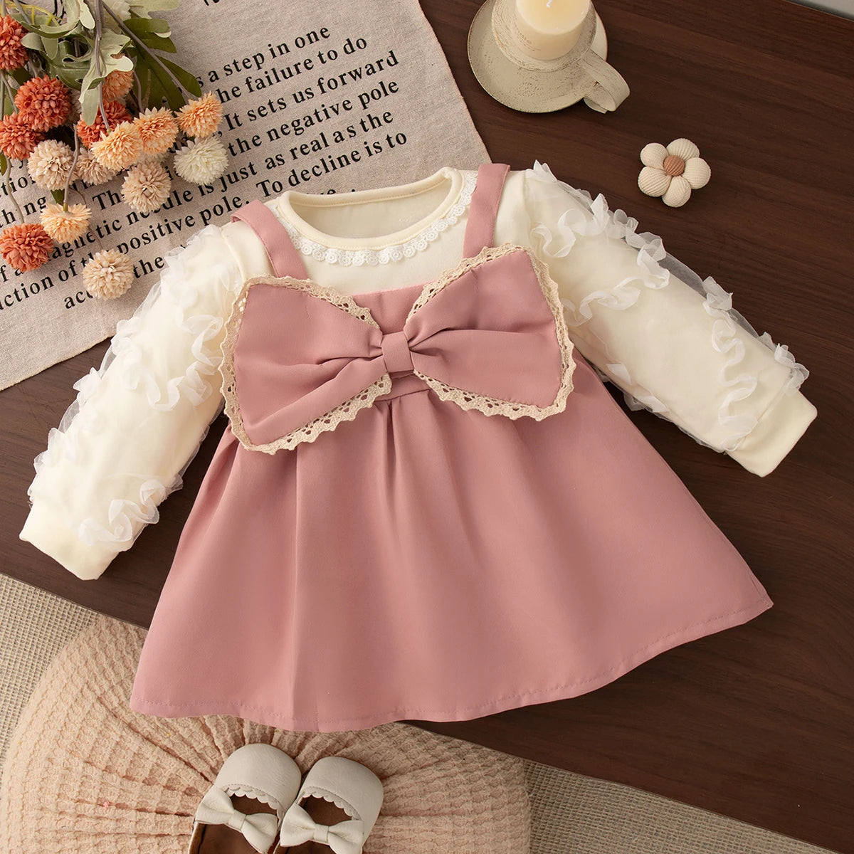 6-24 Months Spring And Autumn New Sweet Bow Baby Girl Dress, Modern Style Bubble Long Sleeved Children'S Clothing For Parties