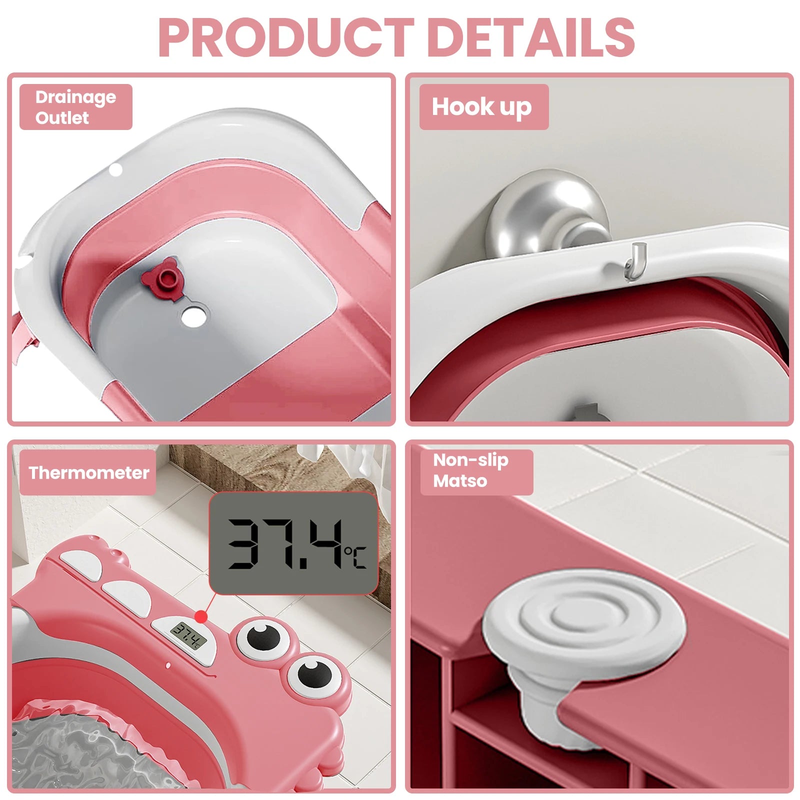 Foldable Baby Bath with Non-Slip Pillow & Thermometer | Birth to 3 Years