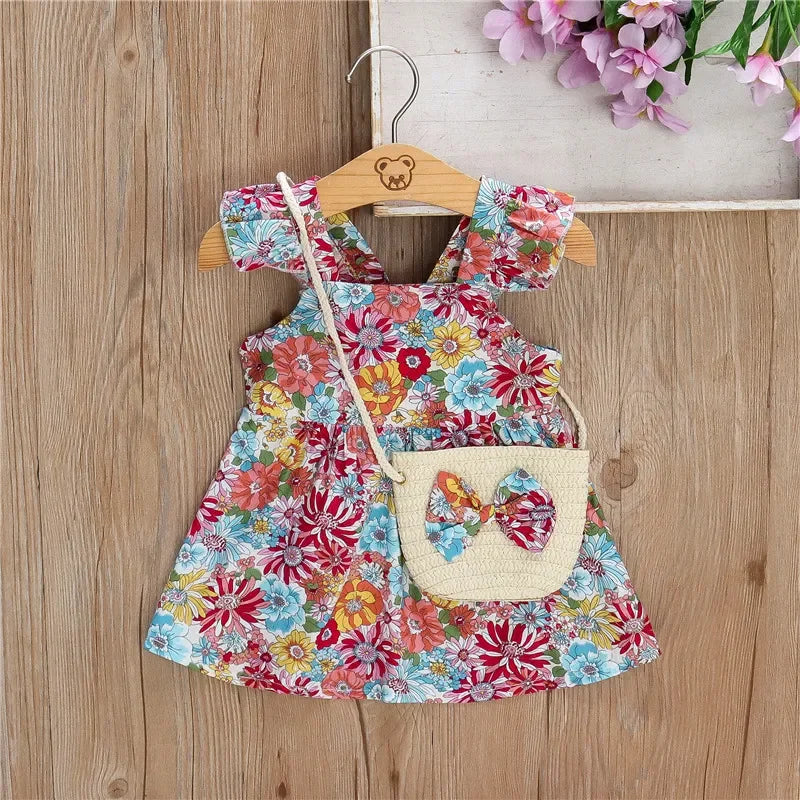 Baby Girls Floral Halter Dress with Bow Bag