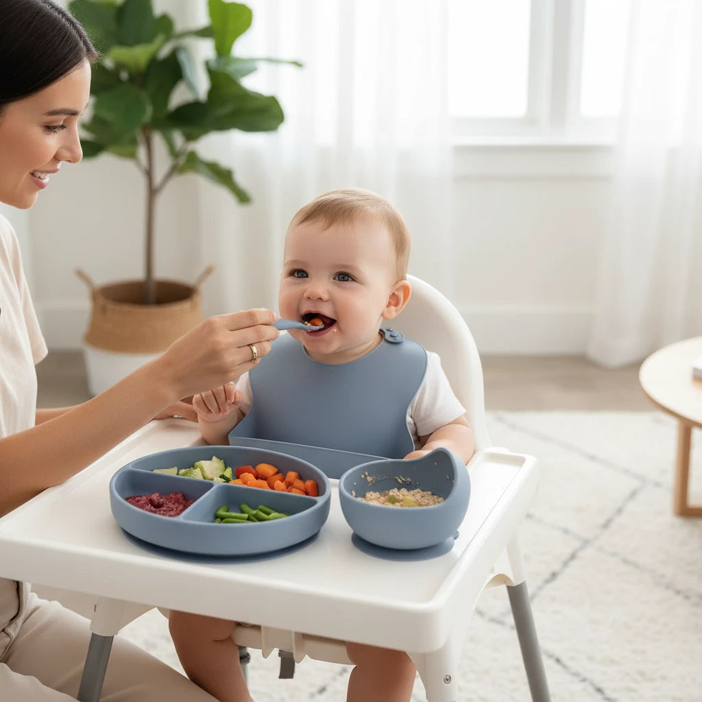 Silicone Baby Feeding Set with Suction Bowl, Plate, Spoon, Fork & Bib | BPA-Free