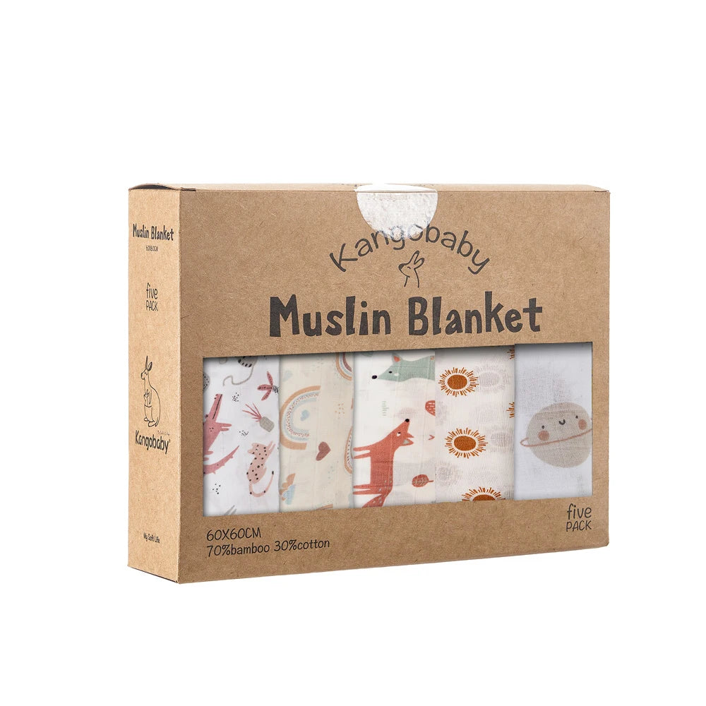 Kangobaby 5-Piece Bamboo Cotton Muslin Blanket & Burp Cloth Set