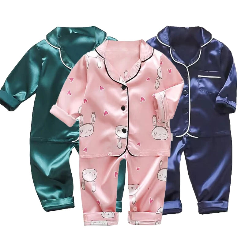 Children’s pajamas set silk satin long sleeve top+trousers two -piece male baby girl cartoon solid color set