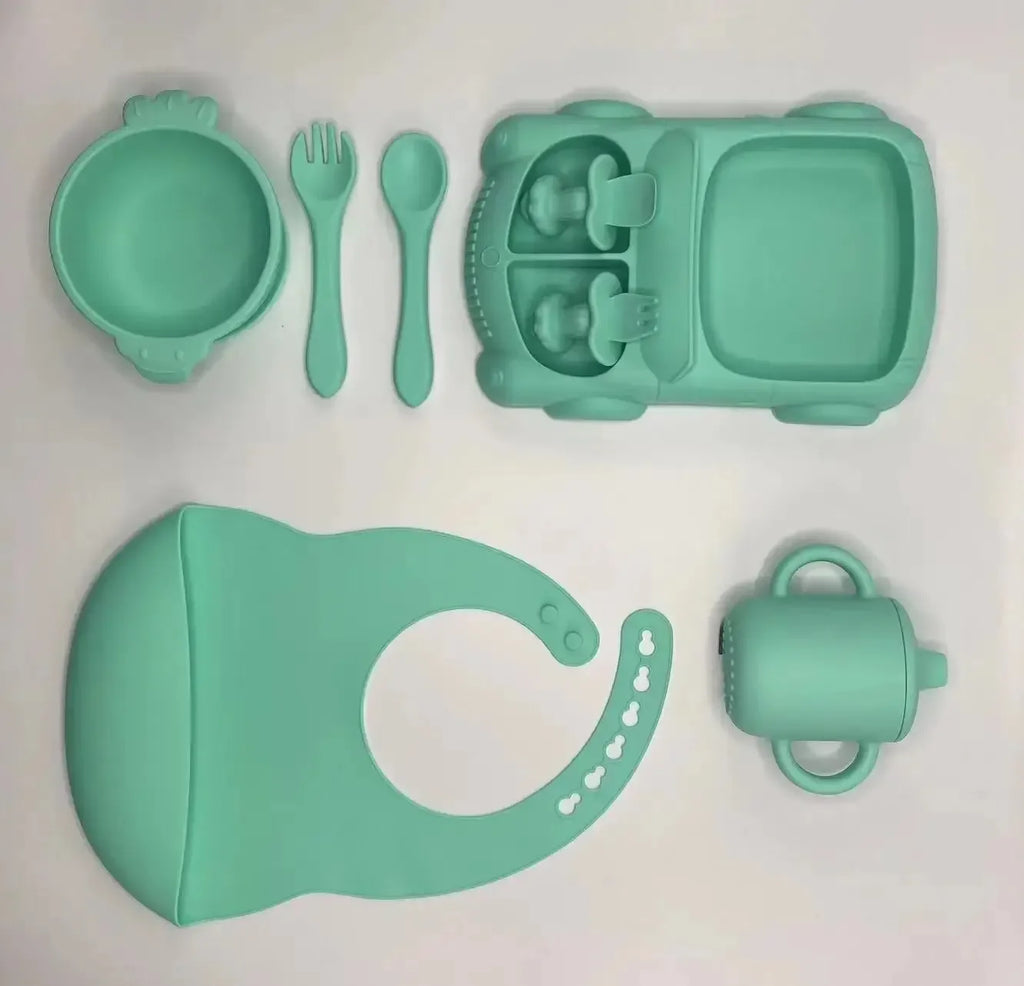 Silicone Baby Feeding Set with Suction Bowl, Plate, Spoon, Fork & Bib | BPA-Free