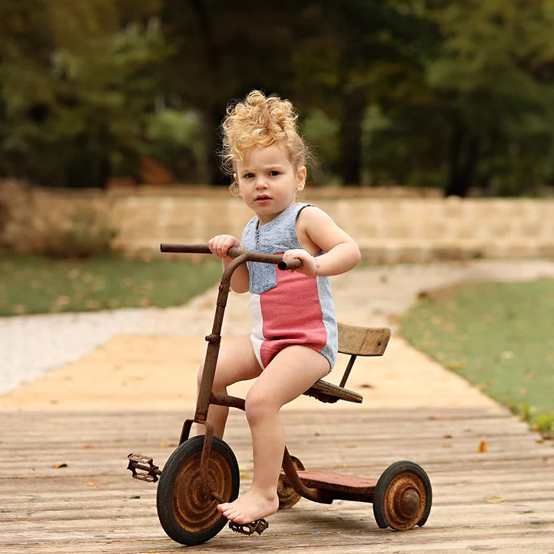 aby summer denim romper with patchwork detail