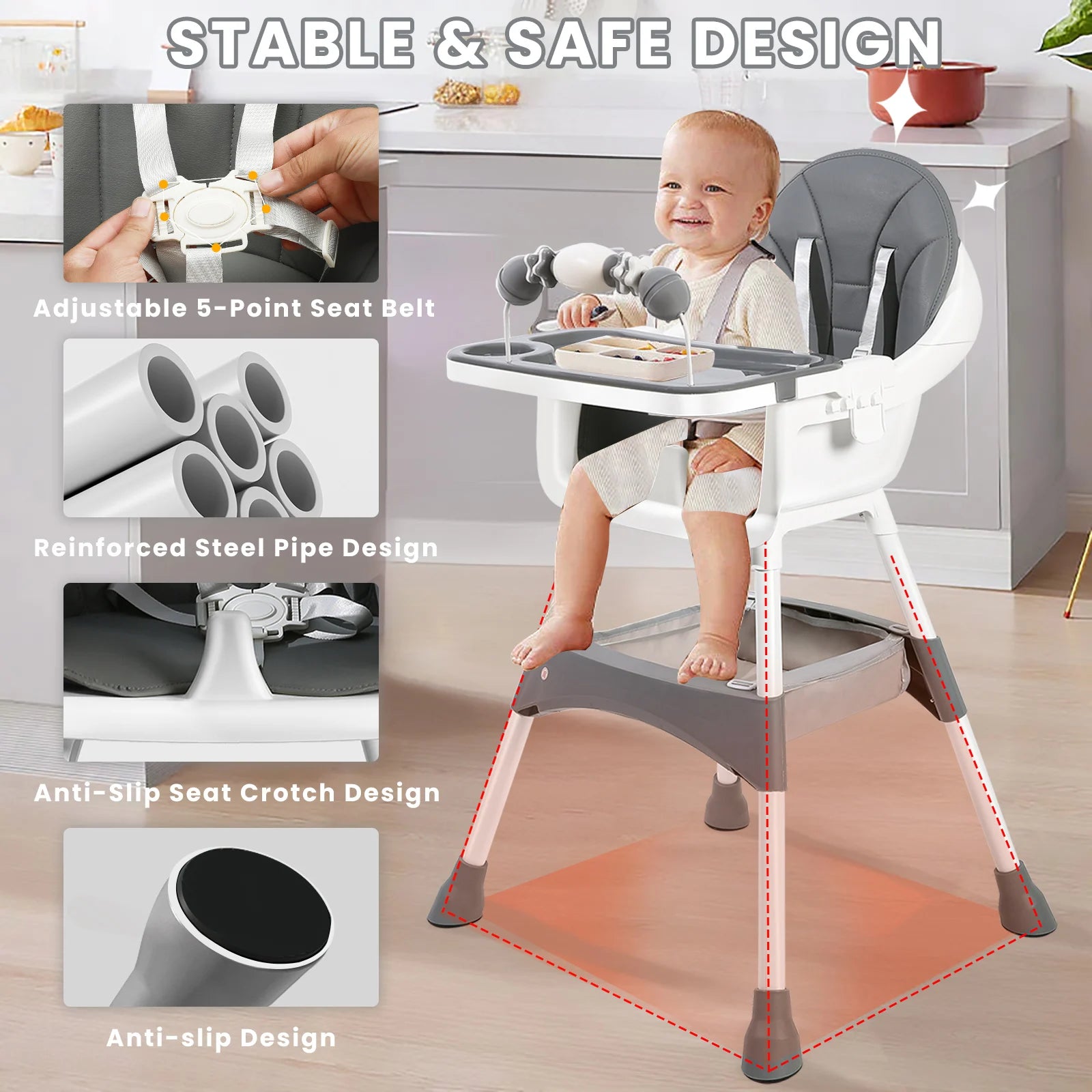 Baby High Chair – Convertible Toddler Dining Chair with Detachable Tray