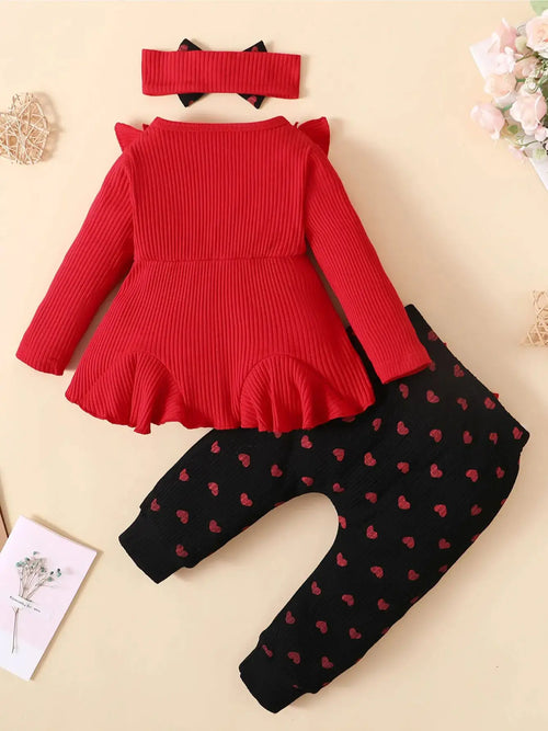 0-2 Year Old Newborn Baby Gilr Spring and Autumn Round Neck Long sleeved Princess Style Love Printed Pants Fashion Set