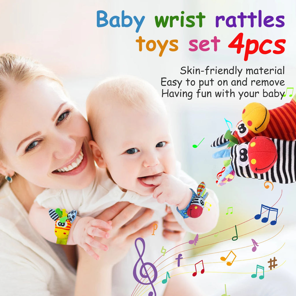 Baby Rattle & Animal Sock Set – 4 Piece