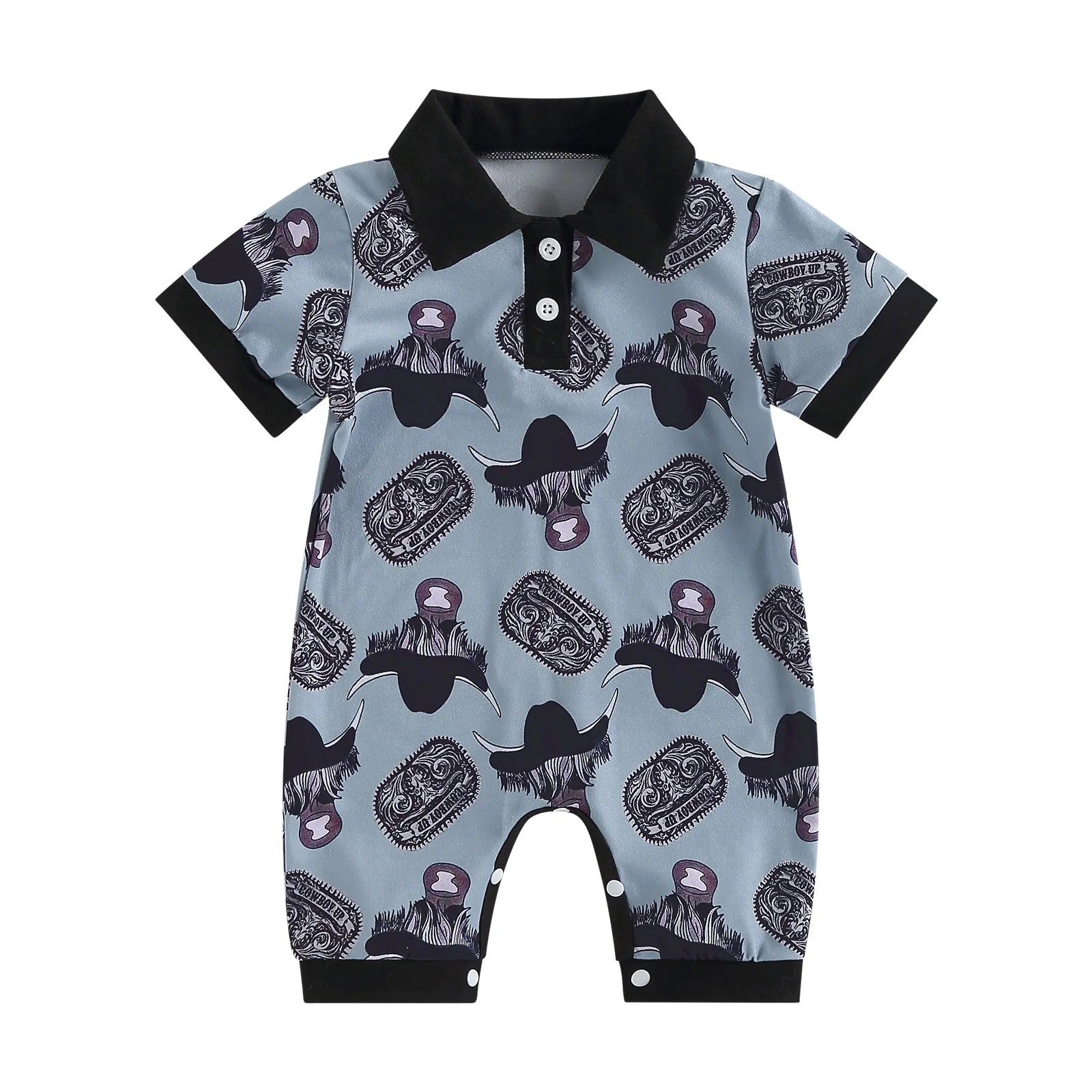 Baby Boys Bull Head Print Romper | Short Sleeve Summer Jumpsuit | 3–18M