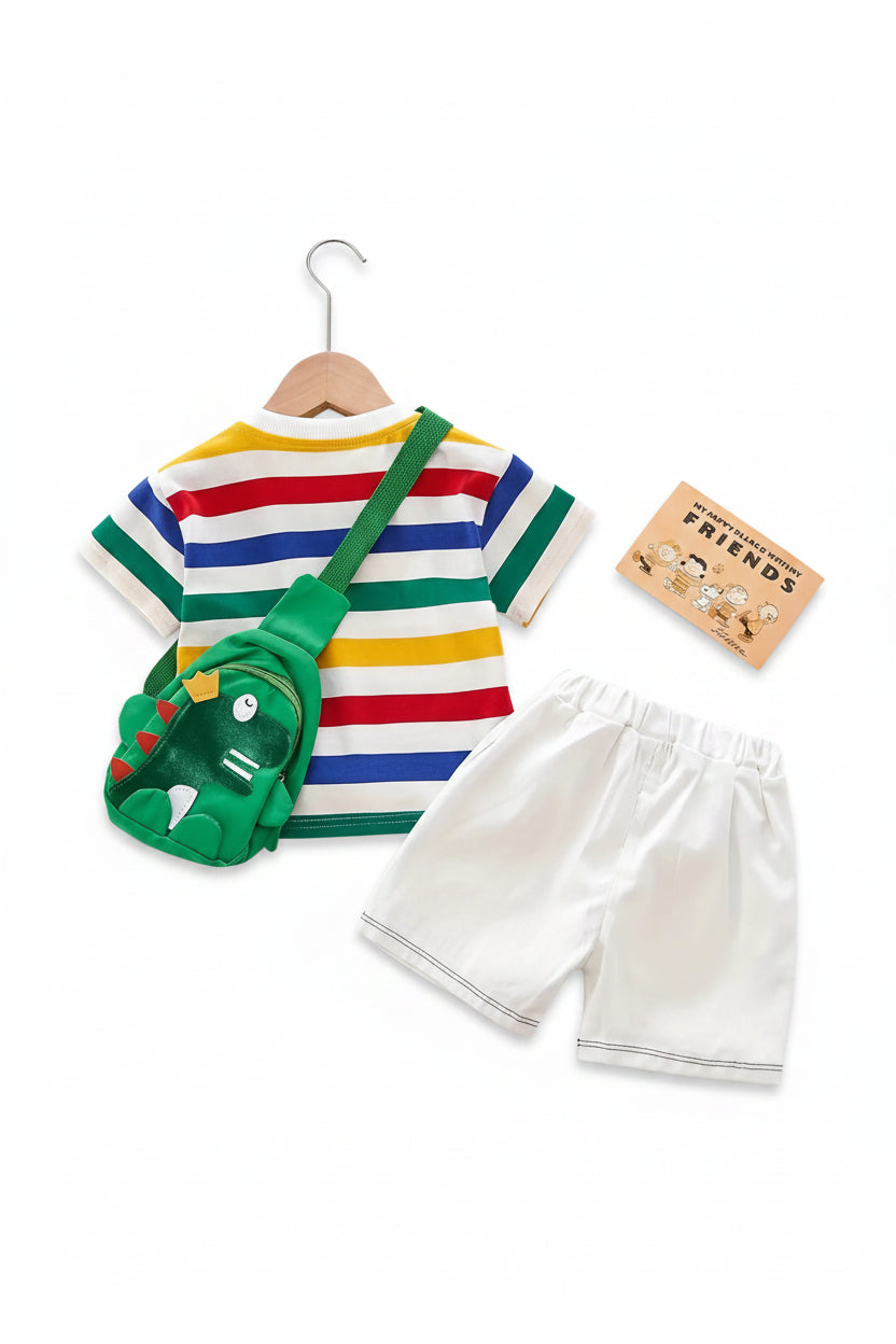 Boys Dinosaur Stripe T-Shirt & Shorts Set Ages 6M–3Y | 3-Piece