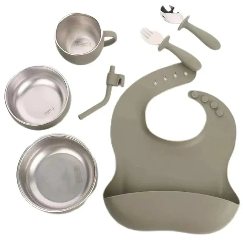 Silicone Baby Feeding Set Tableware Baby Food Dish Fork Spoon Suction Bowl Divided Plate Bib Cup Baby Led Weaning Supplies