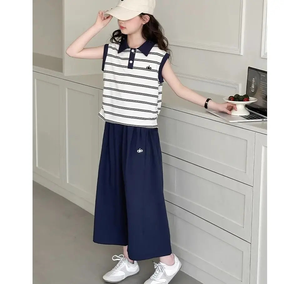 Girls' Striped Polo Vest & Wide-Leg Pants Set – 2-Piece Summer Outfit (7–13Y)