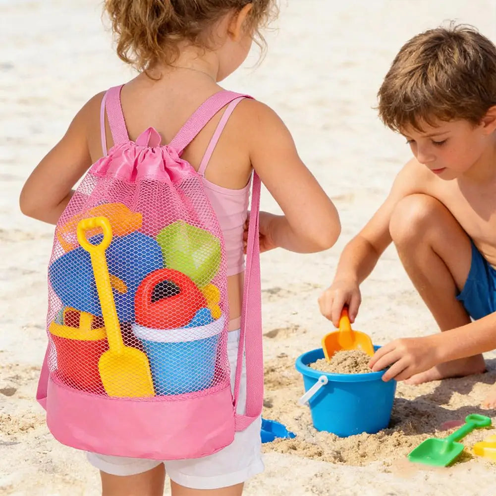 Kids Large Mesh Beach Bag – Foldable Drawstring Backpack for Sand Toys