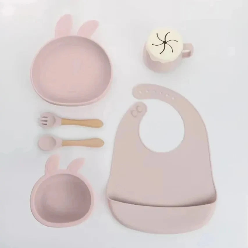 Silicone Baby Feeding Set Tableware Baby Food Dish Fork Spoon Suction Bowl Divided Plate Bib Cup Baby Led Weaning Supplies