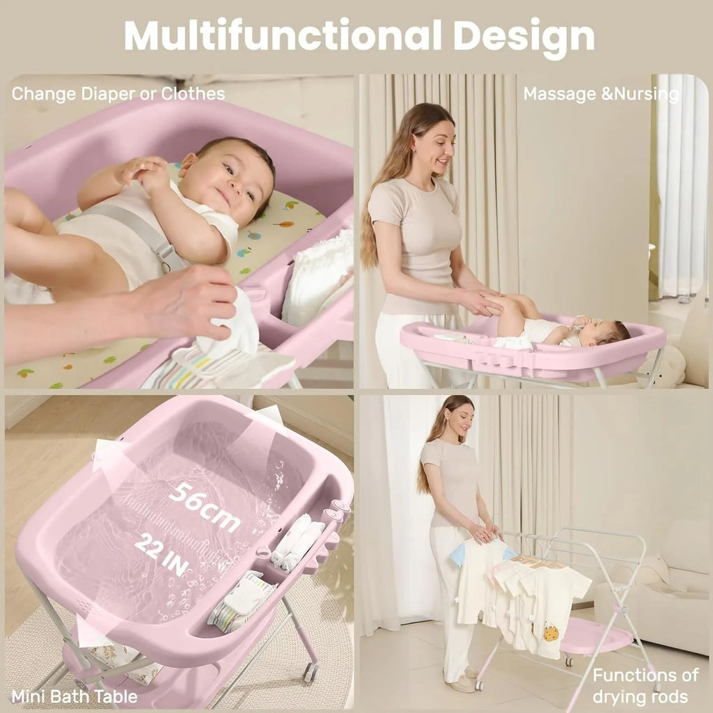 Foldable Baby Diaper Changing Table with Wheels & Storage