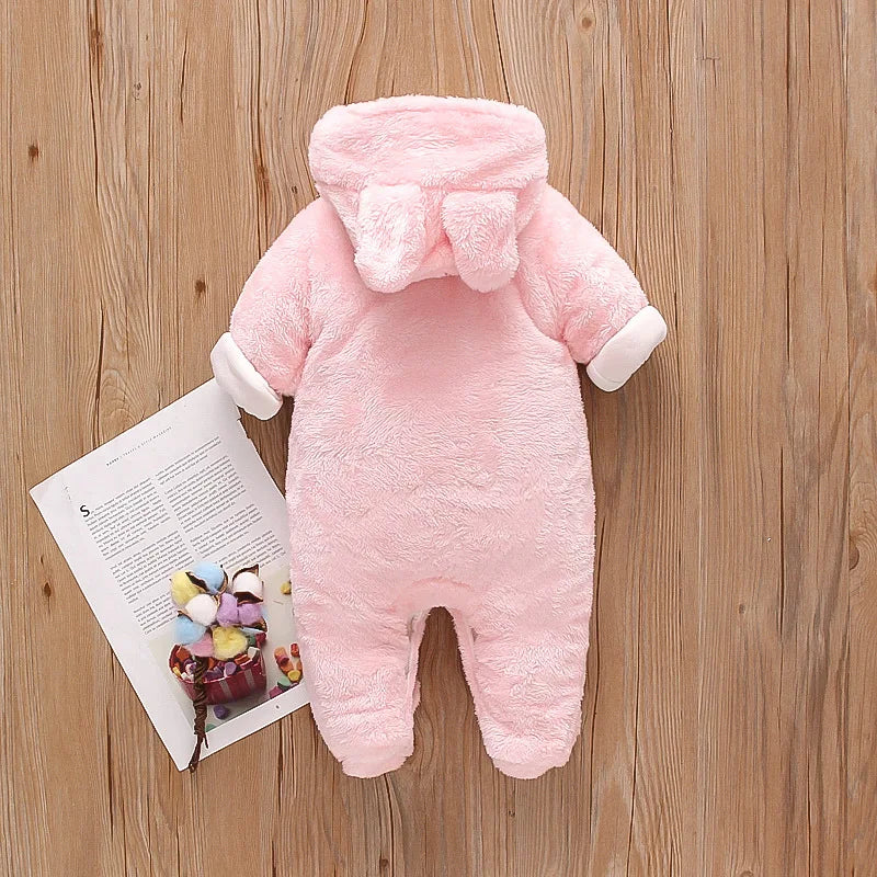 Baby Plush Hooded Romper | Cartoon Animal Ear Jumpsuit Newborn–1.5Y