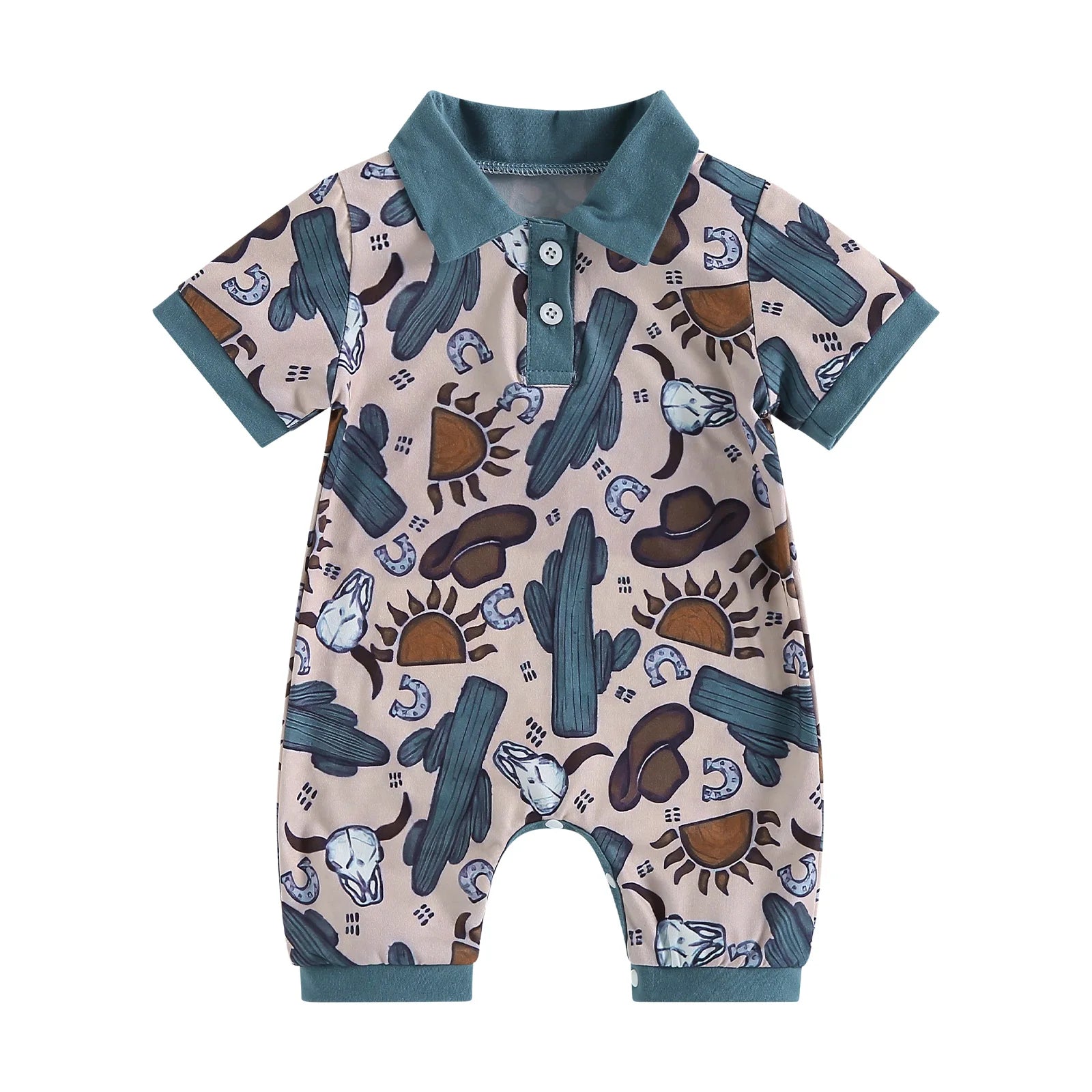 Baby Boys Bull Head Print Romper | Short Sleeve Summer Jumpsuit | 3–18M