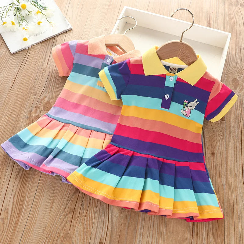 Girls Rainbow Stripe Rabbit Embroidered Dress | Summer | Ages 2–7