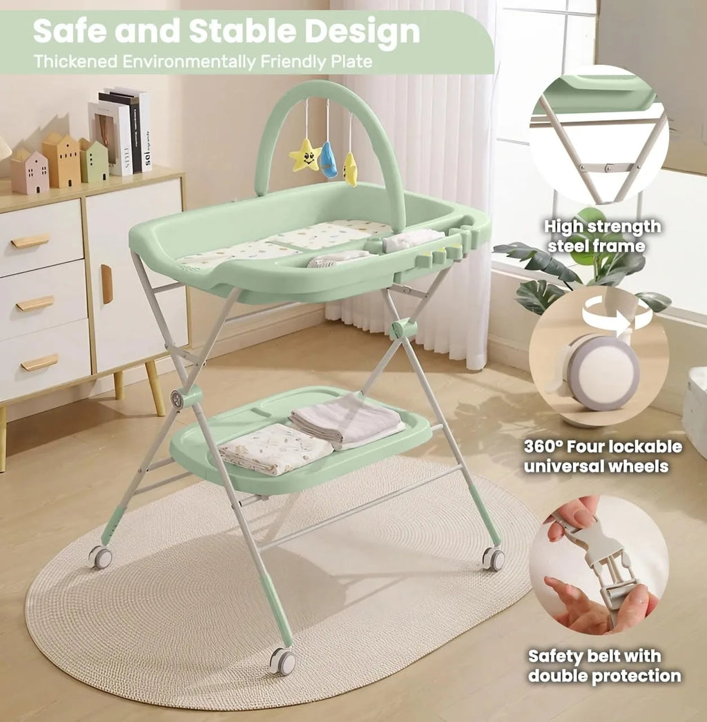 Foldable Baby Diaper Changing Table with Wheels & Storage