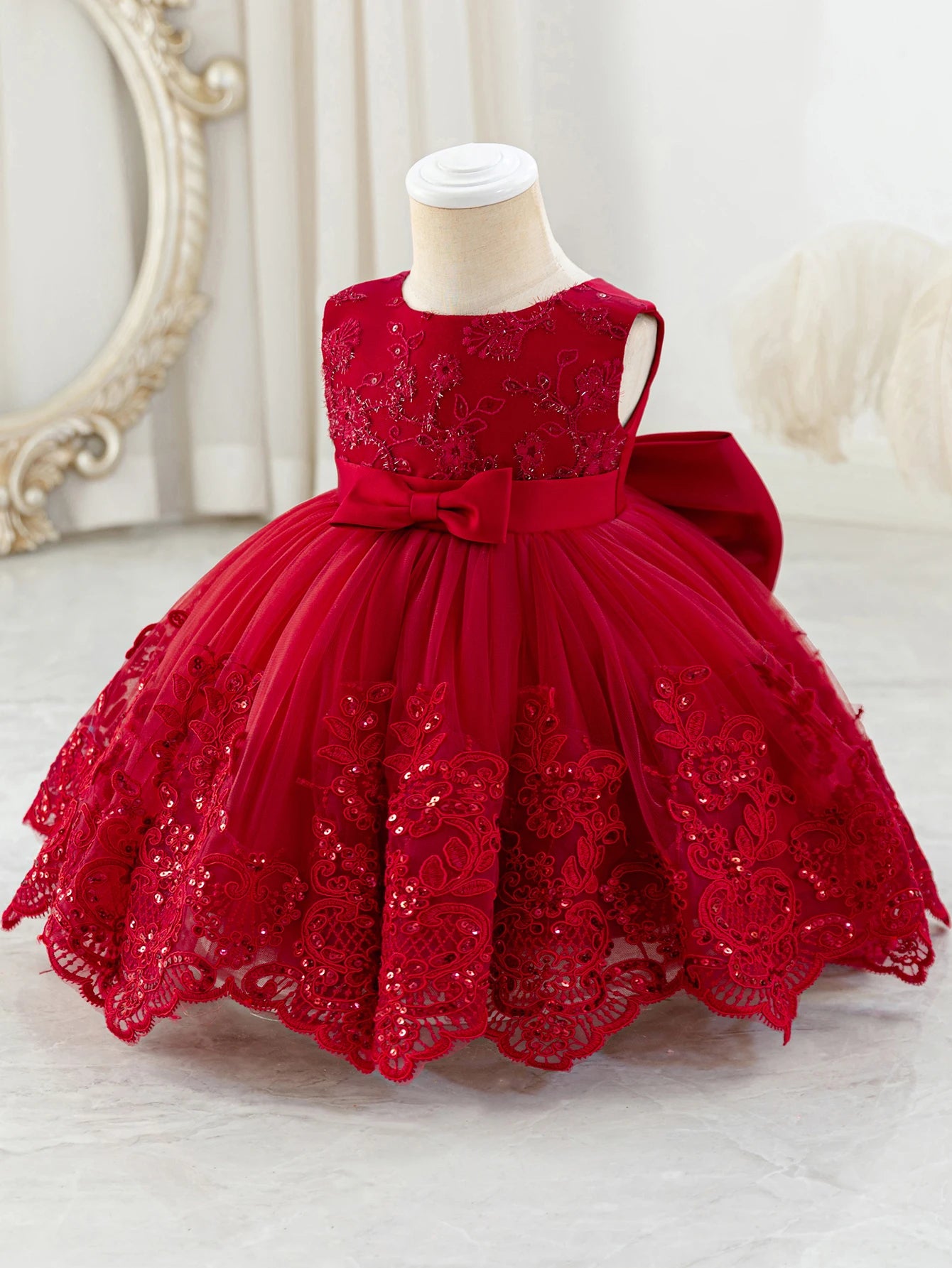Baby Girls Lace & Mesh Party Dress | Bow A-Line Princess Dress 6M–3Y