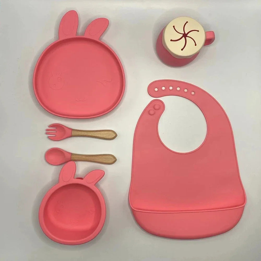 Silicone Baby Feeding Set Tableware Baby Food Dish Fork Spoon Suction Bowl Divided Plate Bib Cup Baby Led Weaning Supplies