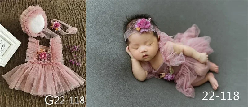 Newborn Baby Girl Photography Props Set | Lace Dress Romper, Hat & Headband 0–3M