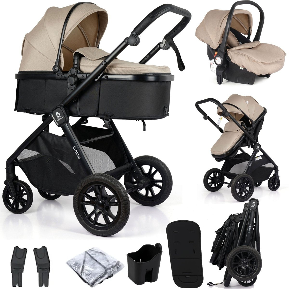 3-in-1 Travel System with R129 Car Seat | Dune Beige | Free Cupholder & Seat Liner