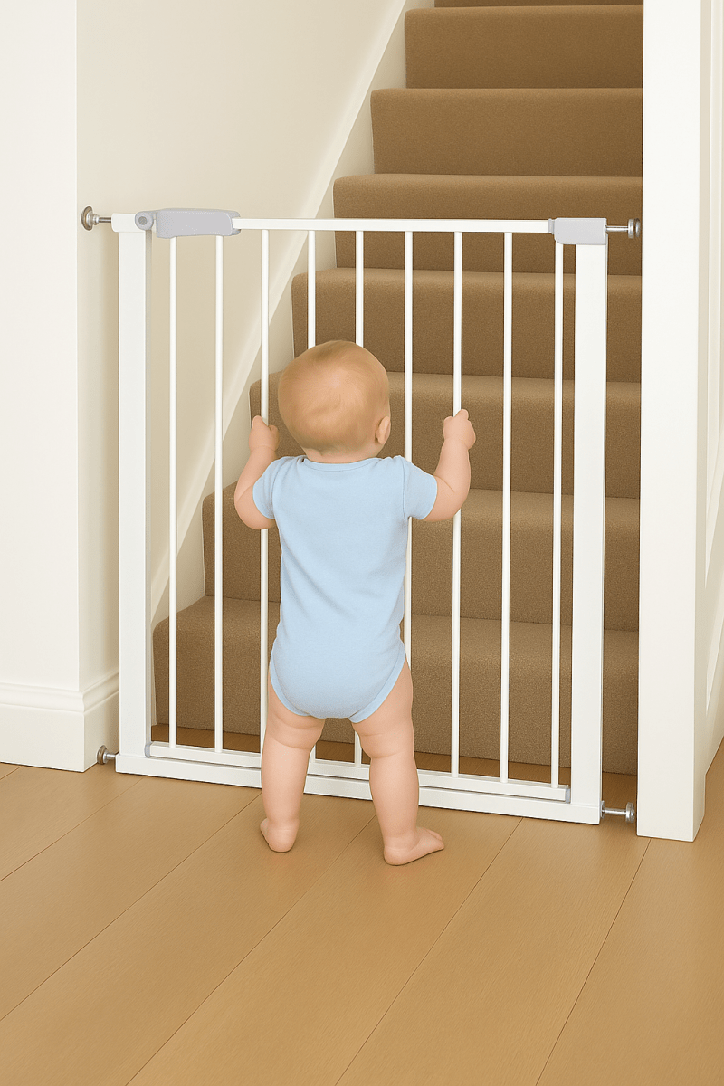 FYLO baby safety gate close-up showing dual locking mechanism