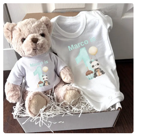 Personalised Boys 1st Birthday Panda Gift Hamper | Teddy Bear & Baby Vest Set